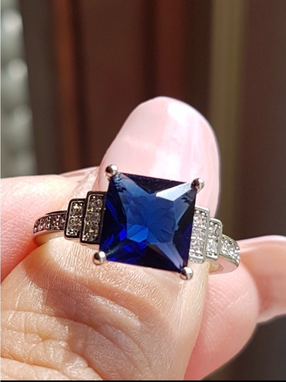 Swarovski Elements 925 Silver Princess Square Blue Sapphire Solitaire Ring NEW